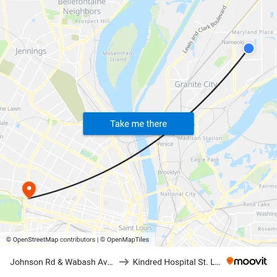 Johnson Rd & Wabash Ave NE to Kindred Hospital St. Louis map