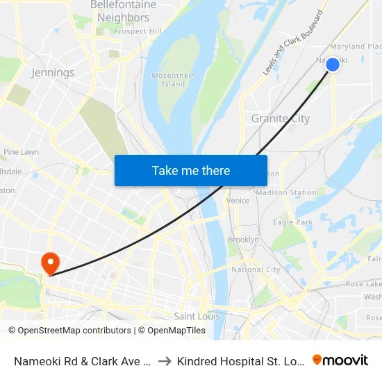 Nameoki Rd & Clark Ave NE to Kindred Hospital St. Louis map