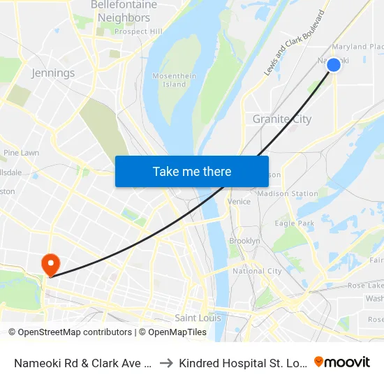 Nameoki Rd & Clark Ave SW to Kindred Hospital St. Louis map