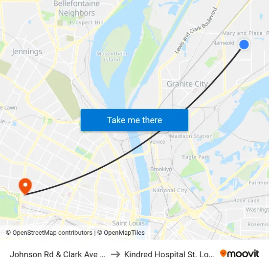Johnson Rd & Clark Ave NE to Kindred Hospital St. Louis map