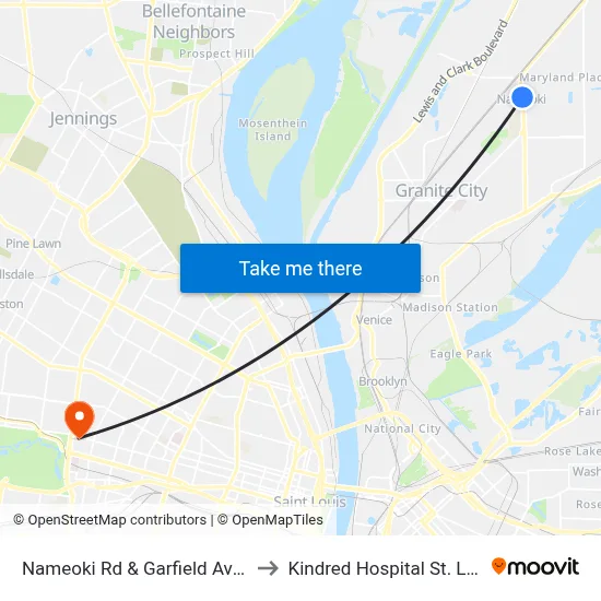 Nameoki Rd & Garfield Ave NE to Kindred Hospital St. Louis map
