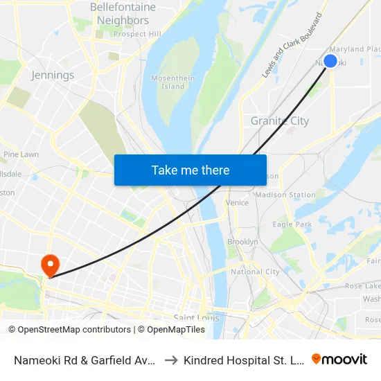 Nameoki Rd & Garfield Ave SW to Kindred Hospital St. Louis map