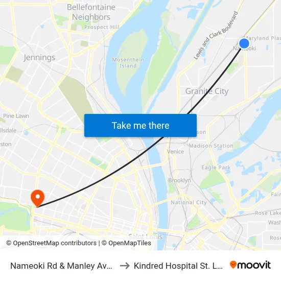 Nameoki Rd & Manley Ave NE to Kindred Hospital St. Louis map