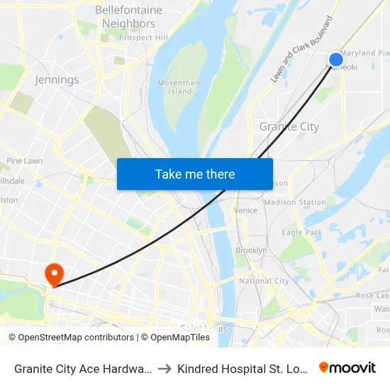 Granite City Ace Hardware to Kindred Hospital St. Louis map