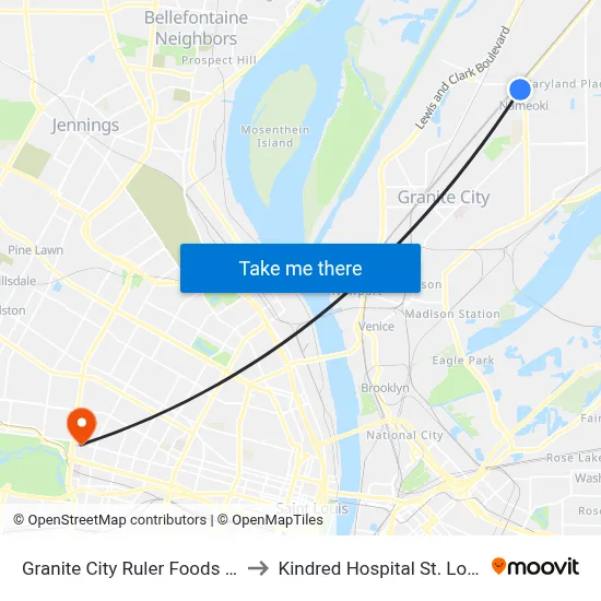 Granite City Ruler Foods NE to Kindred Hospital St. Louis map