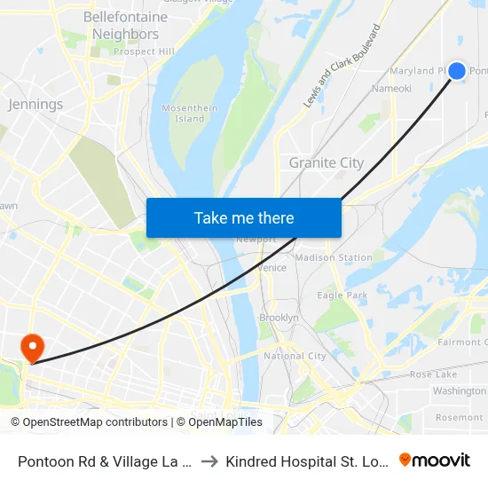 Pontoon Rd & Village La NE to Kindred Hospital St. Louis map