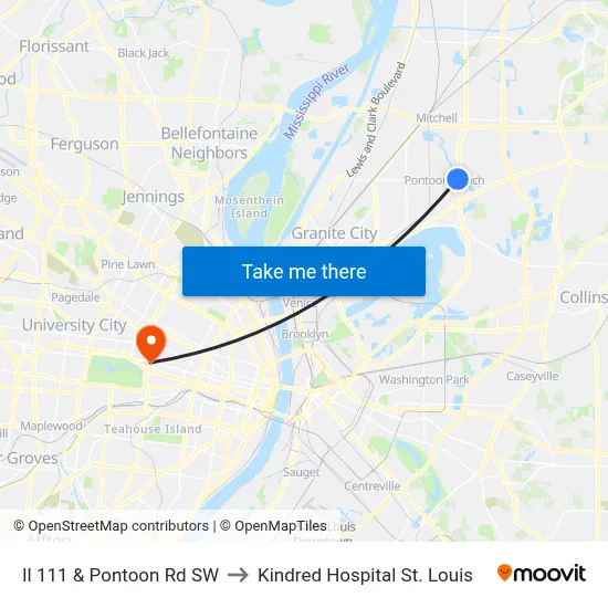 Il 111 & Pontoon Rd SW to Kindred Hospital St. Louis map