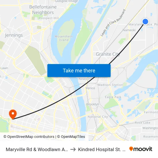 Maryville Rd & Woodlawn Ave NE to Kindred Hospital St. Louis map