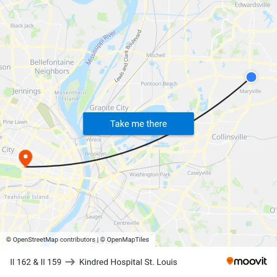 Il 162 & Il 159 to Kindred Hospital St. Louis map