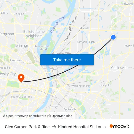 Glen Carbon Park & Ride to Kindred Hospital St. Louis map