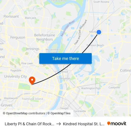 Liberty Pl & Chain Of Rocks Rd to Kindred Hospital St. Louis map