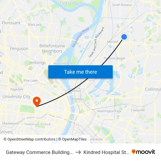 Gateway Commerce Building 9 S / W1 to Kindred Hospital St. Louis map