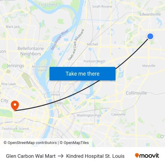 Glen Carbon Wal Mart to Kindred Hospital St. Louis map