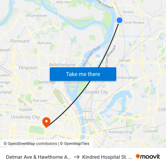 Delmar Ave & Hawthorne Ave SW to Kindred Hospital St. Louis map