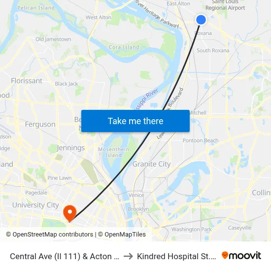 Central Ave (Il 111) & Acton Ave NE to Kindred Hospital St. Louis map