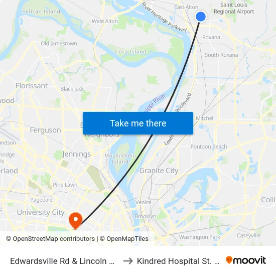 Edwardsville Rd & Lincoln Ave NE to Kindred Hospital St. Louis map