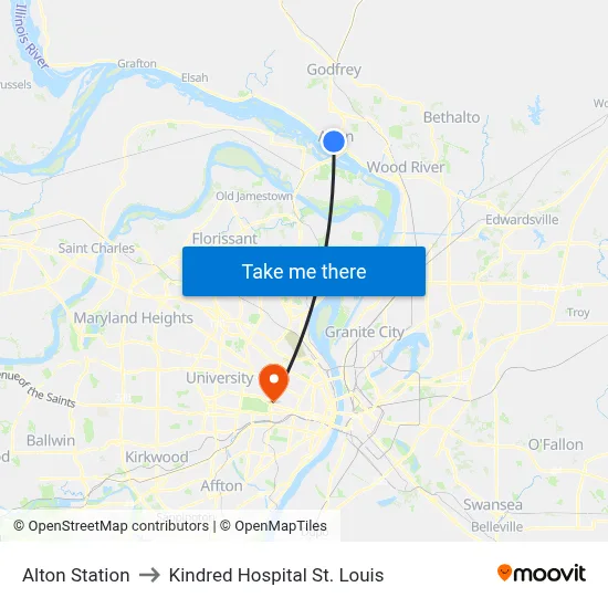 Alton Station to Kindred Hospital St. Louis map