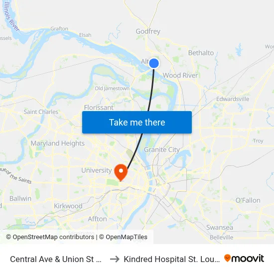 Central Ave & Union St NE to Kindred Hospital St. Louis map