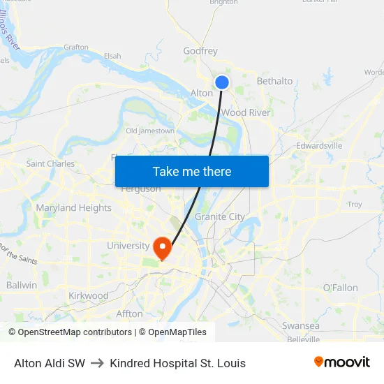 Alton Aldi SW to Kindred Hospital St. Louis map