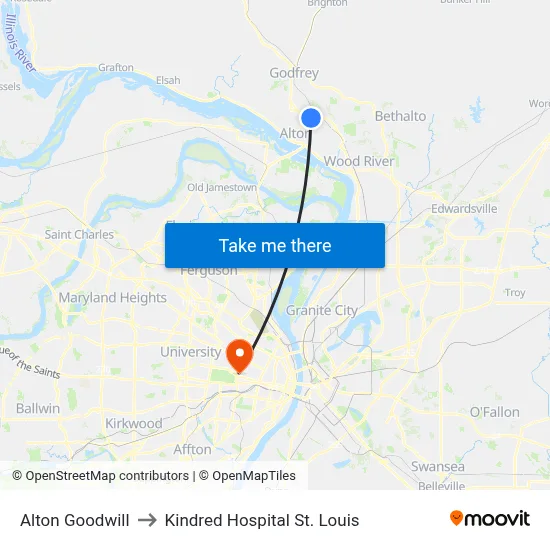 Alton Goodwill to Kindred Hospital St. Louis map