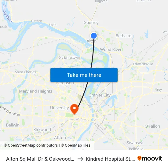 Alton Sq Mall Dr & Oakwood Ave SW to Kindred Hospital St. Louis map
