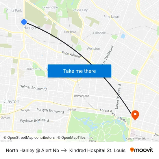 North Hanley @ Alert Nb to Kindred Hospital St. Louis map
