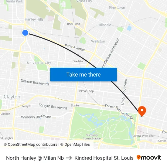 North Hanley @ Milan Nb to Kindred Hospital St. Louis map