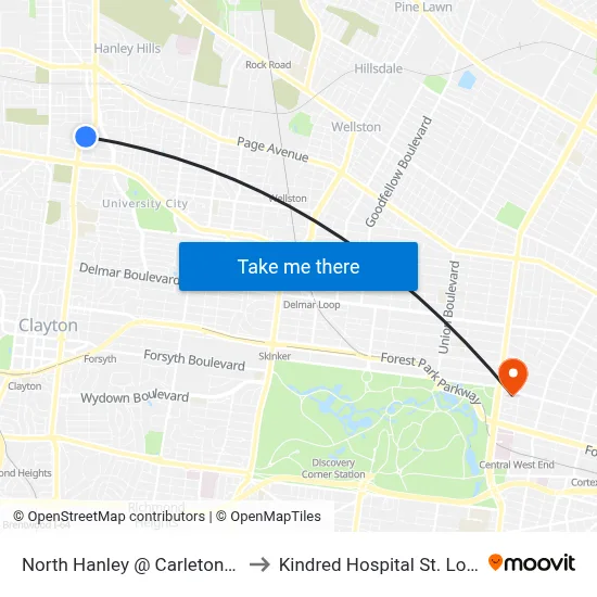 North Hanley @ Carleton Nb to Kindred Hospital St. Louis map