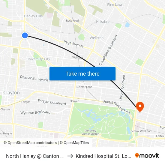 North Hanley @ Canton Nb to Kindred Hospital St. Louis map