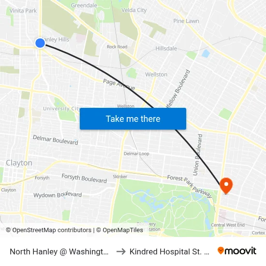 North Hanley @ Washington Nb to Kindred Hospital St. Louis map