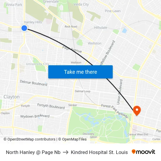 North Hanley @ Page Nb to Kindred Hospital St. Louis map