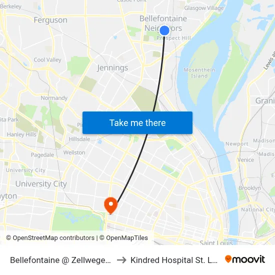 Bellefontaine @ Zellweger Nb to Kindred Hospital St. Louis map
