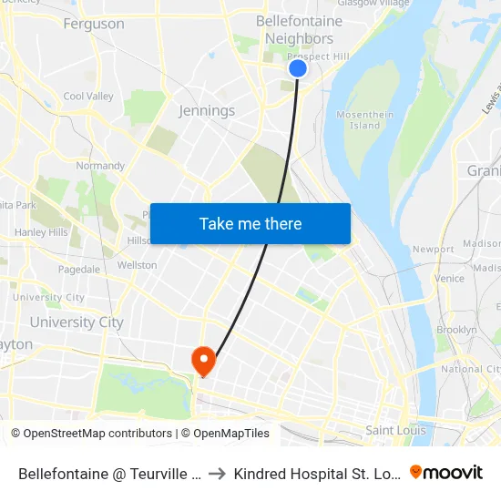 Bellefontaine @ Teurville Nb to Kindred Hospital St. Louis map