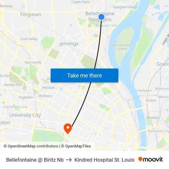 Bellefontaine @ Biritz Nb to Kindred Hospital St. Louis map