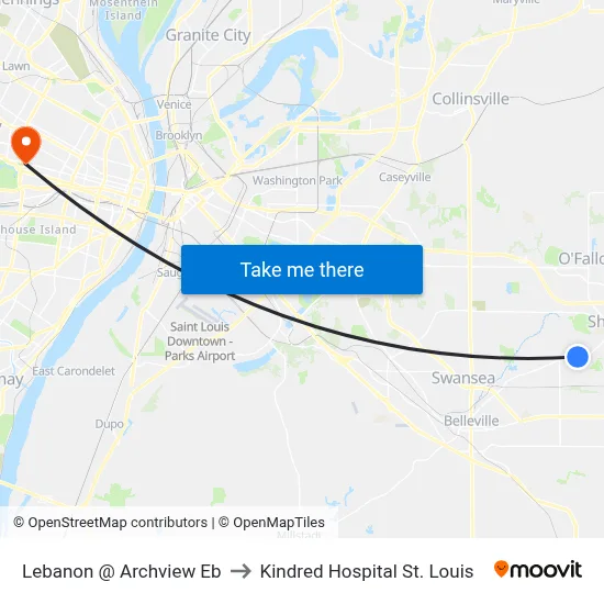 Lebanon @ Archview Eb to Kindred Hospital St. Louis map