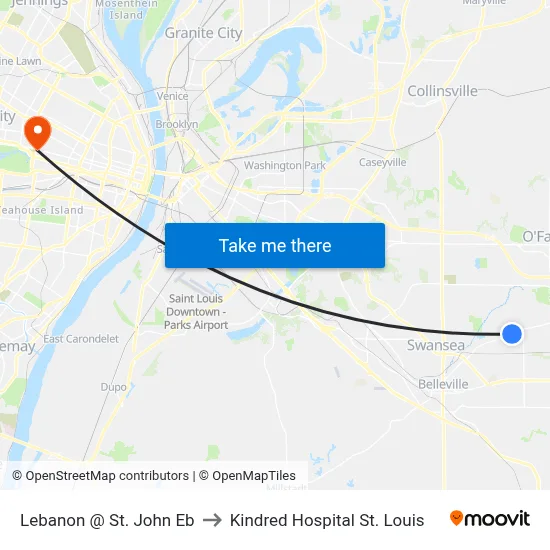 Lebanon @ St. John Eb to Kindred Hospital St. Louis map
