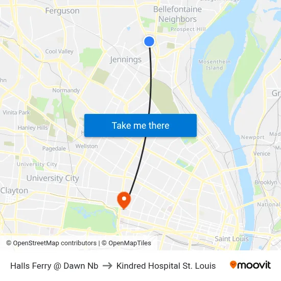 Halls Ferry @ Dawn Nb to Kindred Hospital St. Louis map
