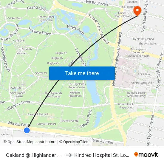 Oakland @ Highlander Wb to Kindred Hospital St. Louis map