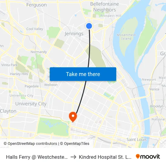 Halls Ferry @ Westchester Sb to Kindred Hospital St. Louis map