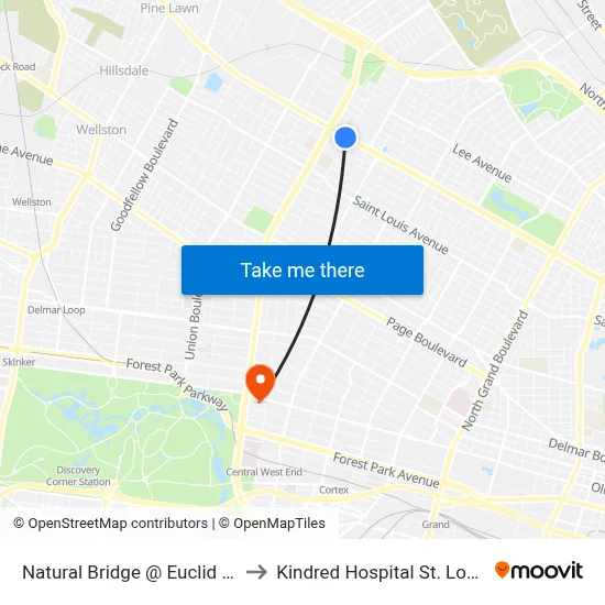 Natural Bridge @ Euclid Eb to Kindred Hospital St. Louis map