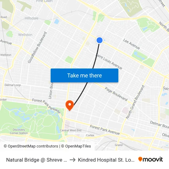 Natural Bridge @ Shreve Eb to Kindred Hospital St. Louis map