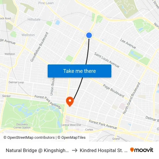 Natural Bridge @ Kingshighway Eb to Kindred Hospital St. Louis map