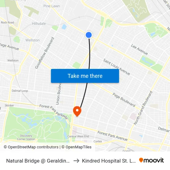 Natural Bridge @ Geraldine Wb to Kindred Hospital St. Louis map