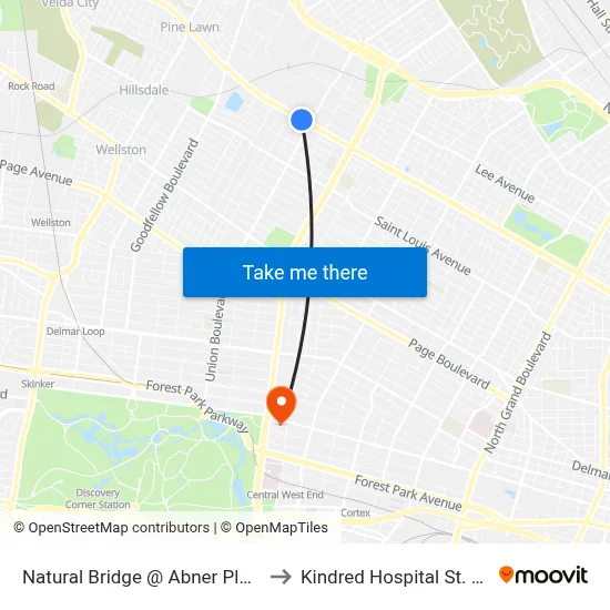 Natural Bridge @ Abner Place Eb to Kindred Hospital St. Louis map