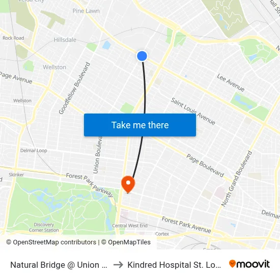Natural Bridge @ Union Eb to Kindred Hospital St. Louis map