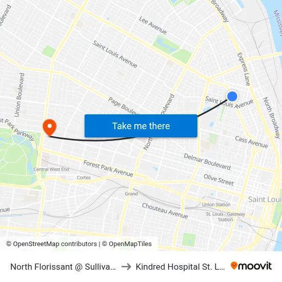 North Florissant @ Sullivan Nb to Kindred Hospital St. Louis map
