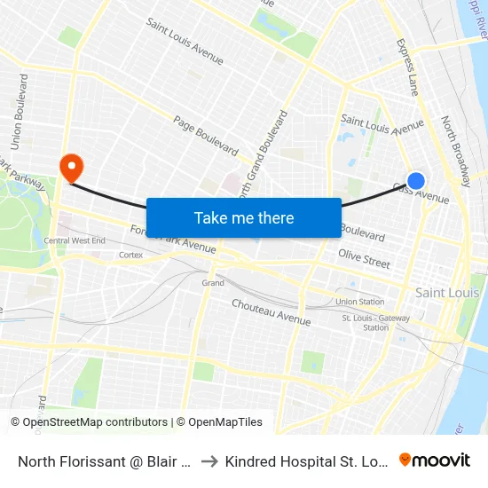 North Florissant @ Blair Nb to Kindred Hospital St. Louis map