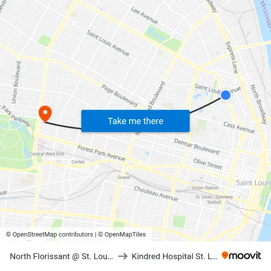 North Florissant @ St. Louis Nb to Kindred Hospital St. Louis map
