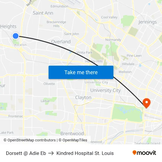 Dorsett @ Adie Eb to Kindred Hospital St. Louis map