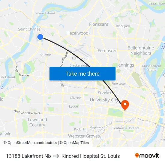 13188 Lakefront Nb to Kindred Hospital St. Louis map